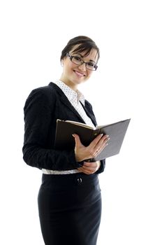 business woman in glasses and notepad isolated on white