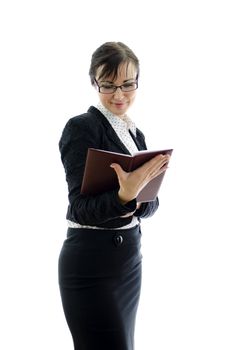business woman in glasses reading notepad isolated on white