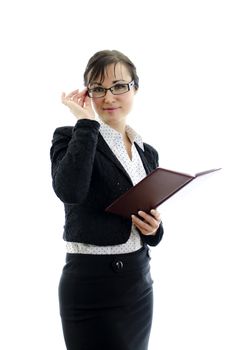 business woman in glasses and notepad isolated on white