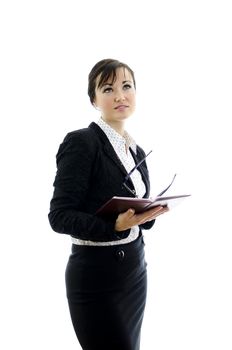 business woman with glasses and notepad thinking, isolated on white
