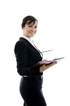 business woman with glasses and notepad isolated on white