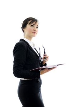 business woman with glasses and notepad thinking, isolated on white