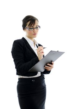 business woman in glasses and notepad isolated on white