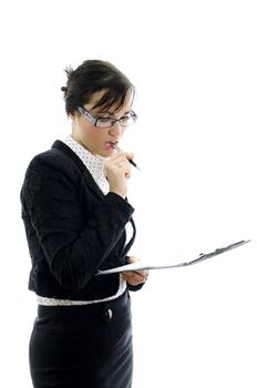 business woman in glasses and notepad thinking, isolated on white