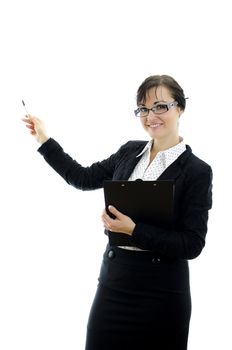 business woman in glasses pointing at copyspace, isolated on white