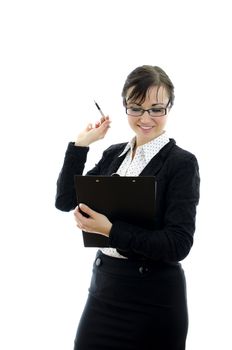business woman in glasses pointing at copyspace, isolated on white