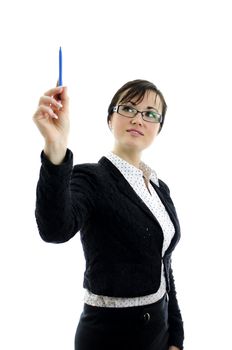 business woman in glasses pointing at copyspace, isolated on white