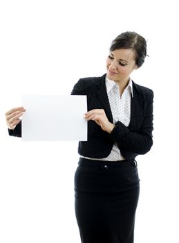 Executive woman with Business card or white sign, isolated on white