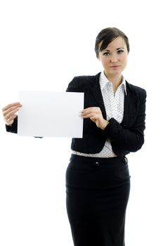Executive woman with Business card or white sign, isolated on white