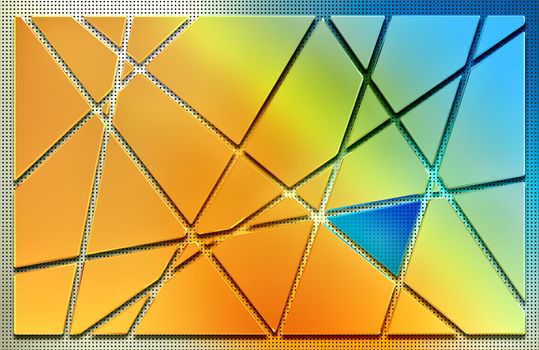 abstract background from pieces of cut golden metal plate, blue triangular glass and metal mesh