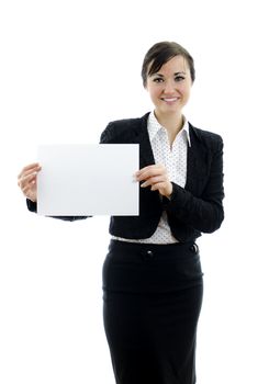 Executive woman with Business card or white sign, isolated on white