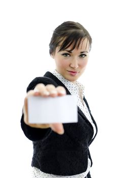 Executive woman with Business card or white sign, isolated on white