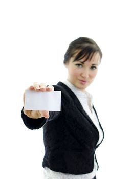 Executive woman with Business card or white sign, isolated on white