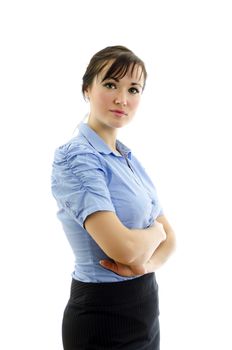 Business woman in blue blouse with crossed arms, isolated on white