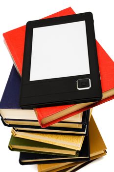 e-book and old books on a white background