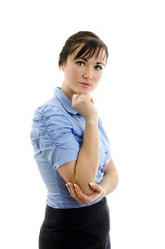 Business woman in blue blouse with crossed arms, isolated on white