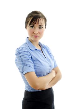 Business woman in blue blouse with crossed arms, isolated on white