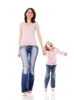 Mother and daughter smiling walking together isolated