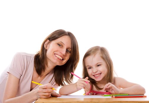 Mother helping daughter to draw isolated on white