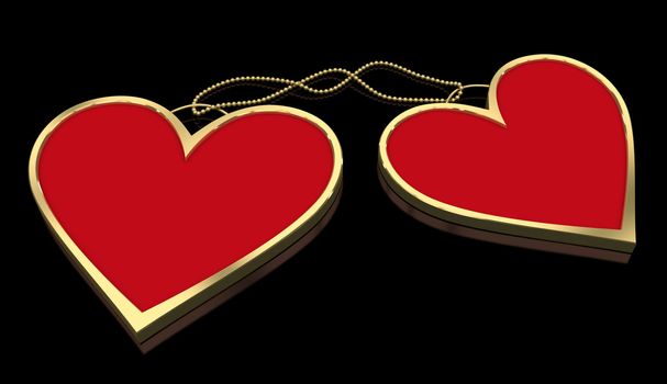 Red-gold hearts connected with decorative chain isolated on black reflective background. 3d render.