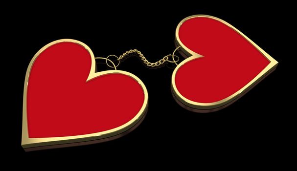 Red-gold hearts connected with decorative chain isolated on black reflective background. 3d render.