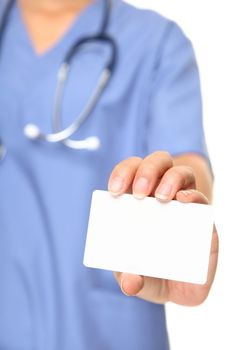 Nurse business card sign closeup. Female doctor or nurse holding and showing blank empty business card on white background.