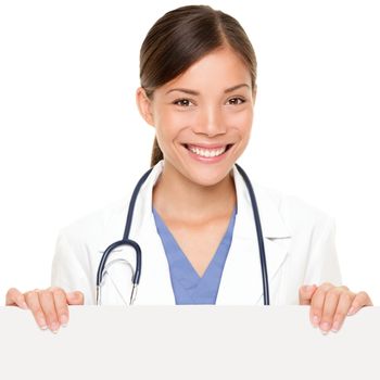 Medical doctor showing sign placard. Young doctor or nurse holding empty blank banner sign isolated on white background.
