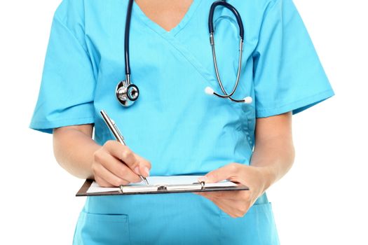 Medical professional. Closeup of nurse or doctor writing on clipboard isolated on white background.