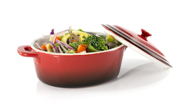 vegetarian food in red saucepan