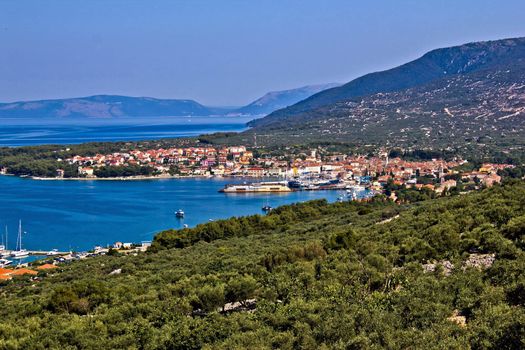 Adriatic Town of Cres bay colorful aerial view, Croatia