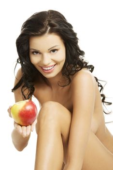 Sexy woman with red apple, isolated on white