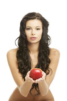 Sexy woman with red apple, isolated on white