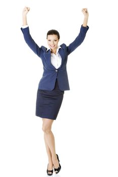 Young happy businesswoman with hands up, isolated on white