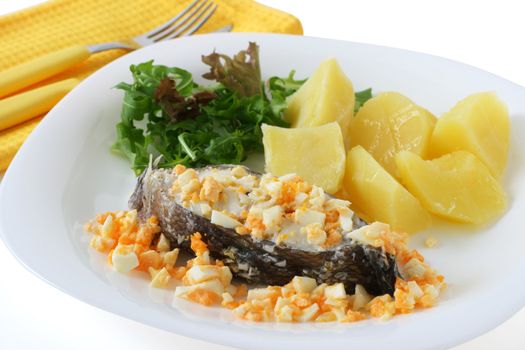 boiled fish with cut egg and potato