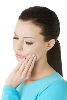 Woman with toothache , isolated on white