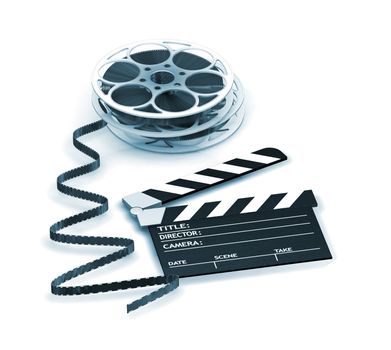 3D render of a clapper board and film reels
