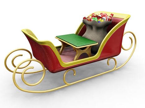 3D render of Santas sleigh with a sack of gifts