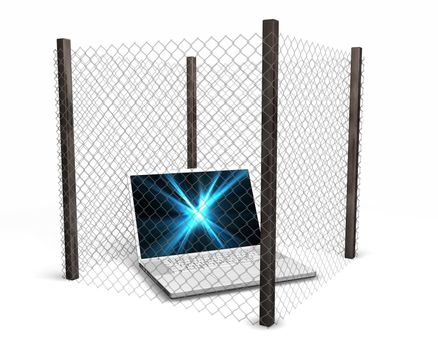 3D render of a computer behind a wire fence depicting computer security