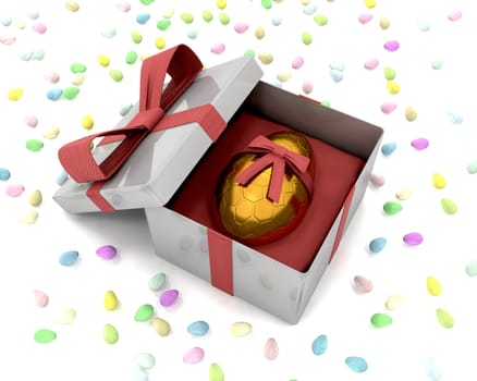 3D render of a golden chocolate Easter egg in box