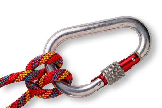 Mountaineering: clove hitch on locking or safety aluminium carabiner with clipping path