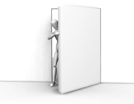 3D render of someone peeking around an open door