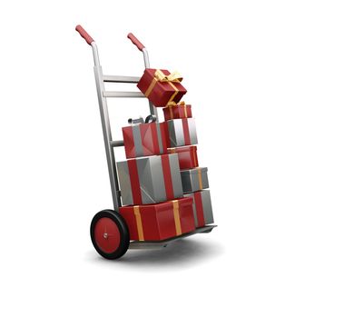 3D render of a hand truck full of Christmas presents