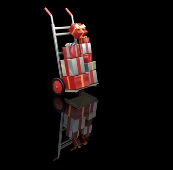 3D render of a hand truck full of Christmas presents