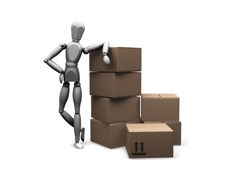 3D render of a man leaning on boxes