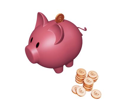 3D render of a piggy bank with Euro coins