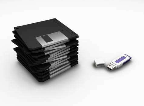 3D render of a USB pen drive and floppy disks