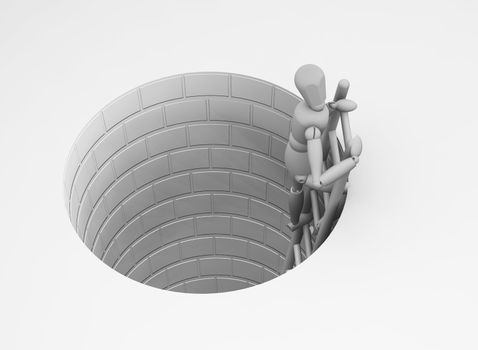 3D render of someone climbing out of a hole