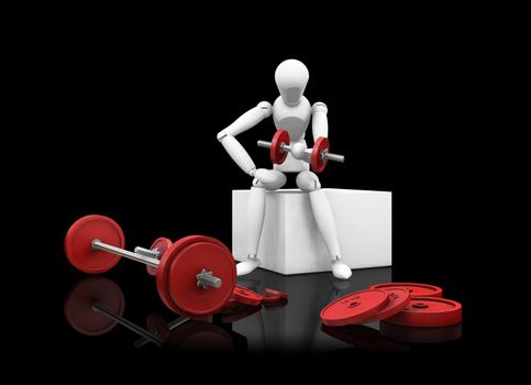 3D render of a man lifting weights on black background