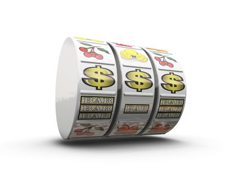 3D render of fruit machine reels showing jackpot winning line