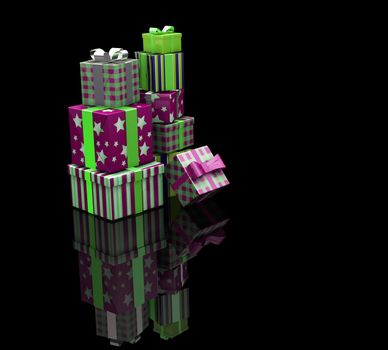 3D render of a stack of gifts on a black background
